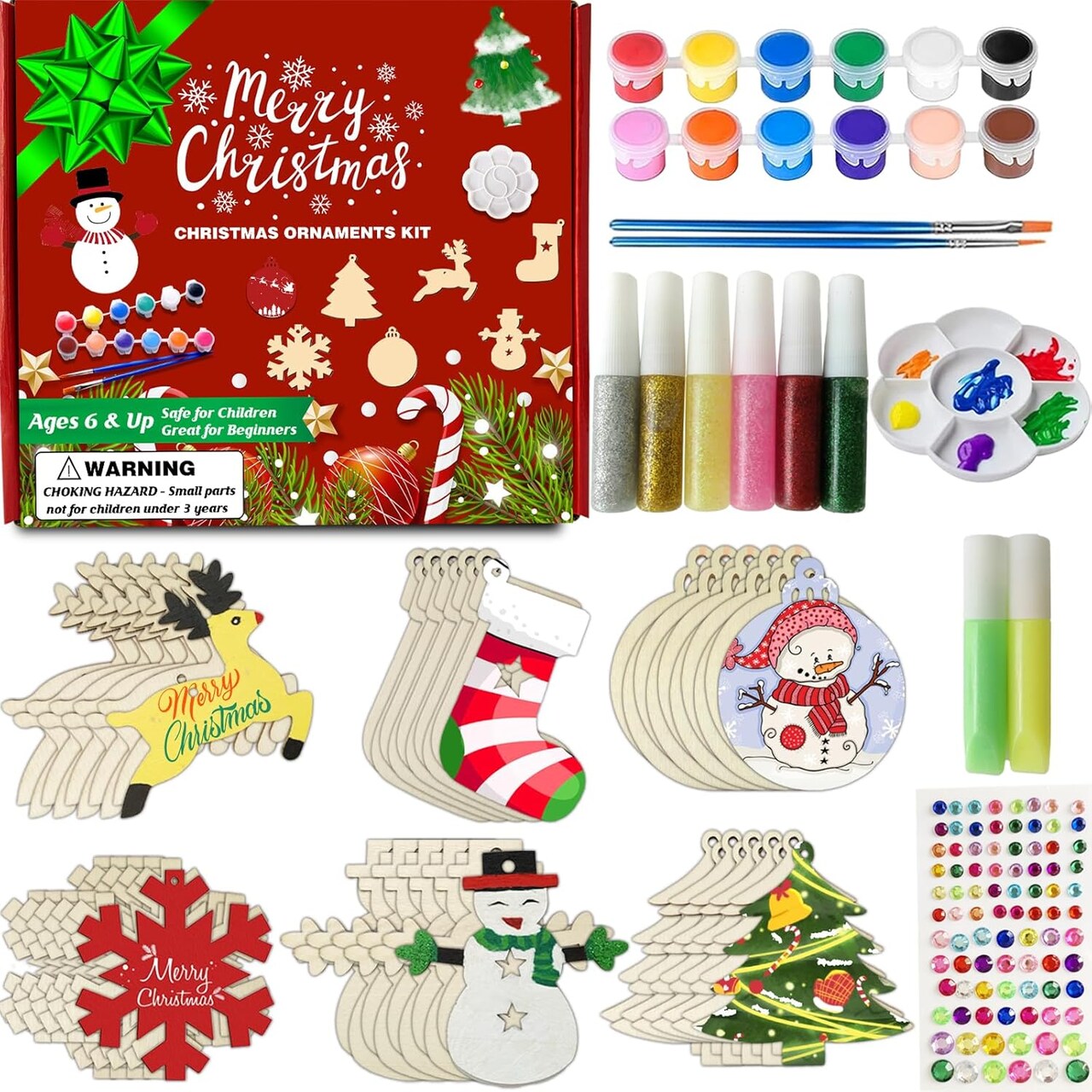 Wooden Christmas Ornaments for Crafts, Paint Your Own Xmas Ornaments, 60pcs Unfinished Wood Cutouts Painting Kit, DIY Ornament Crafts for Adults, Christmas Tree Hanging Decorations